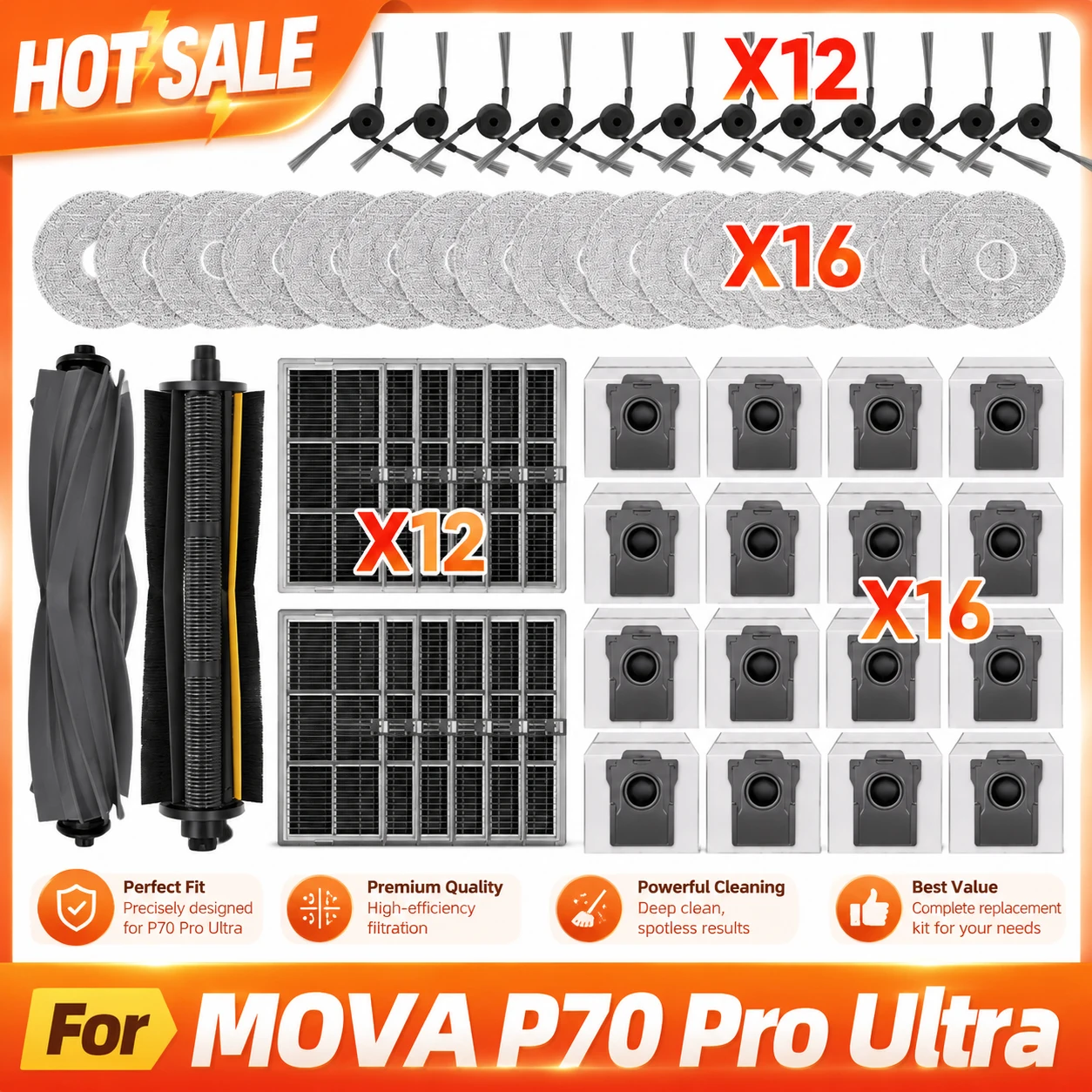 Kompatibel für MOVA P70 Pro Ultra Staubsaugerteile Hauptbürste Seitenbürste Staubbeutel Filter Mopptuch Ersatz-Zubehör