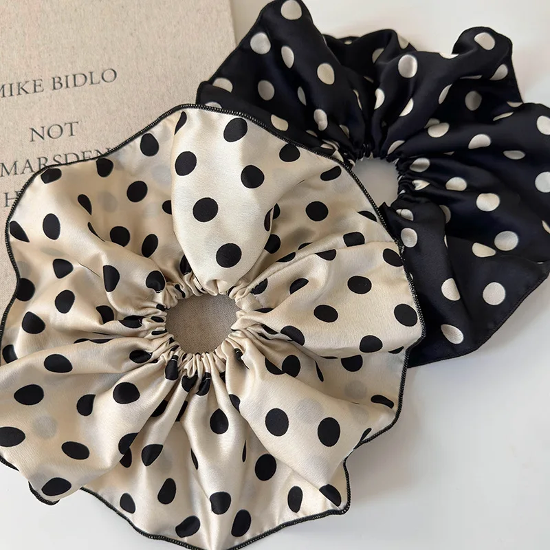

Retro Pleated Satin Polka Dots Large Hair Scrunchies Headbands Womens Fashion Temperament Head Rope Hair Tie Female Rubber Band