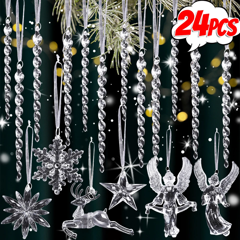 Christmas Clear Acrylic Ornaments Icicles Snowflake Xmas Tree Decorations Winter Wonderland Party Stars Elk Angels Crystal Decor