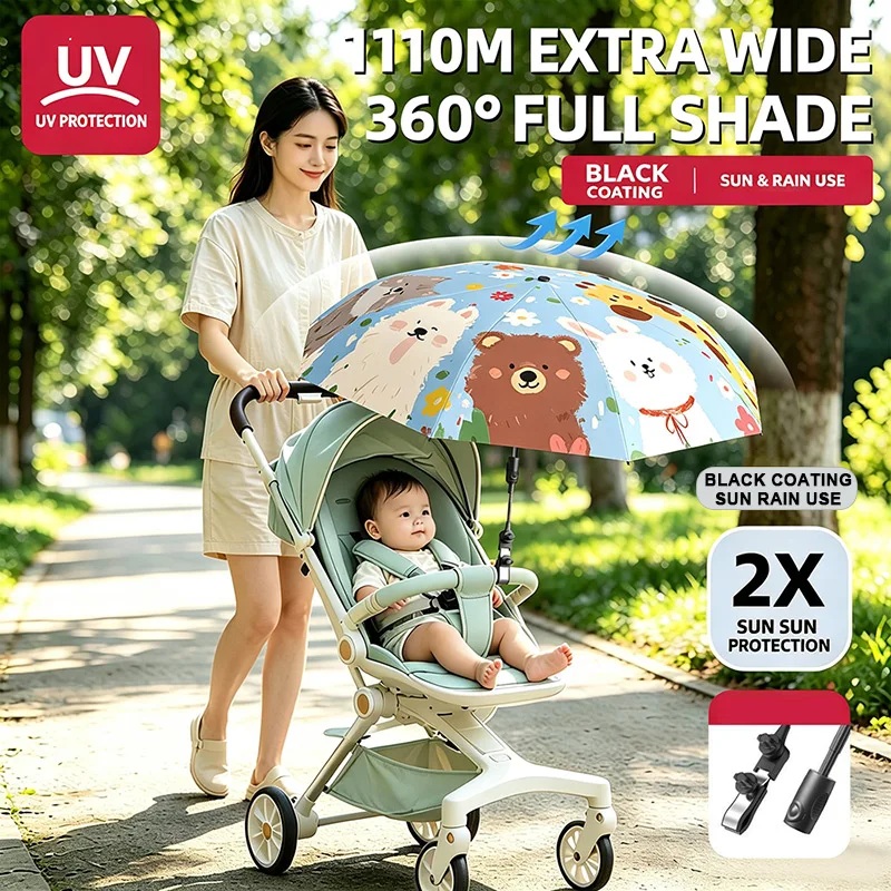 Baby Stroller Umbrella UV Protection UPF50+ Baby Carriage Sunshade Umbrella 110cm Large 360 Adjustable Sun Rain Folding Parasol