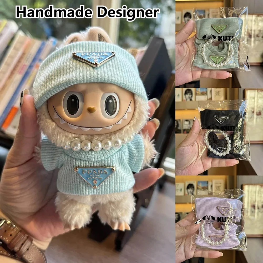 

Labubu Clothes With Hats Pearl Necklaces Knitted Sets 15/17cm Labubu Outfit Doll Clothes Doll Accessories Gift DIY Doll Designer