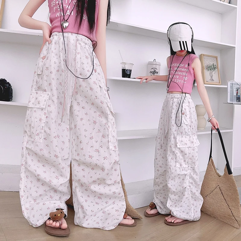Summer Kids Cargo Pants With Side Pockets Teen Girls Utility Pants Teenage Child Floral Printed Pants Toddler Ages 4-14 Y  123