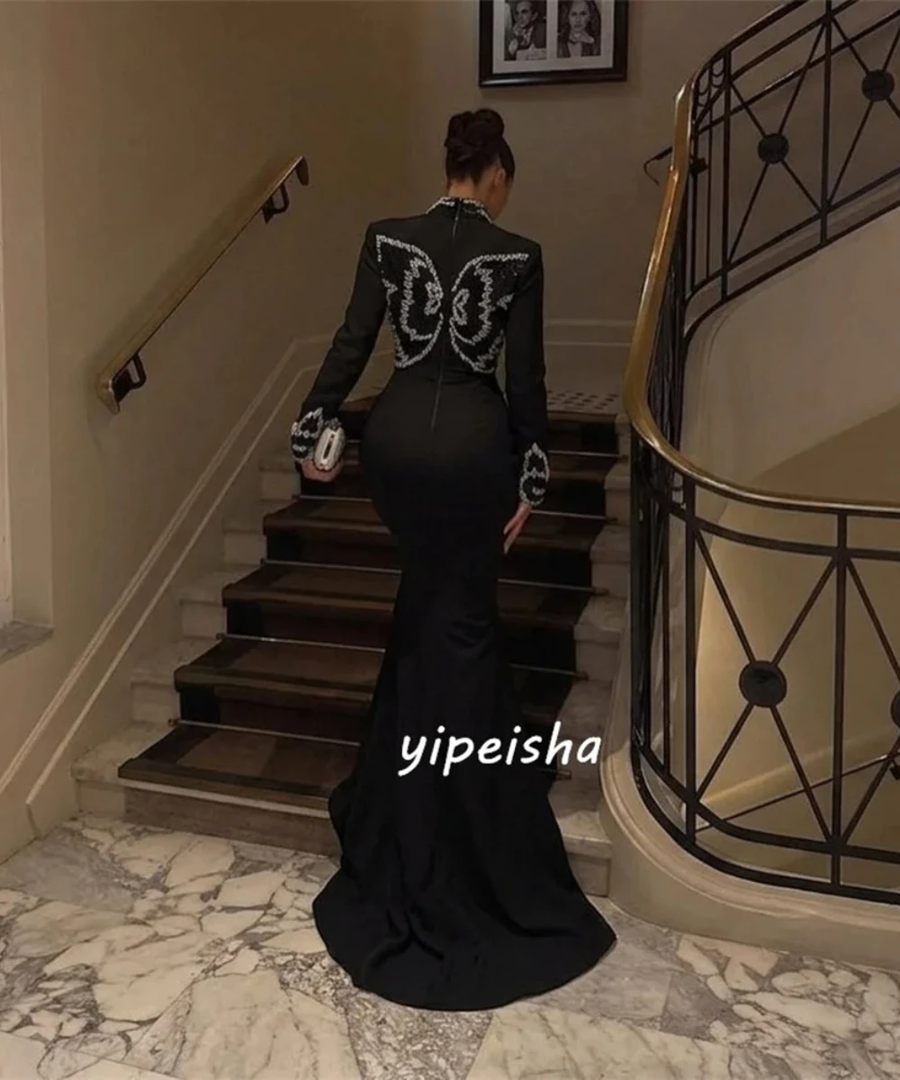 Customized Black Jersey Sparkle Exquisite Jersey Beading Sequined Rhinestone Mermaid Square Neck Floor-Length Evening Dresses