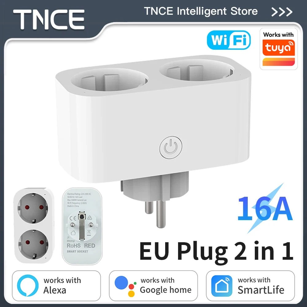 TNCE tuya 2 en 1 prise 16A ue, wifi alimentation double prise moniteur vie intelligente télécommande minuterie, voix avec Google Home Alexa Alice