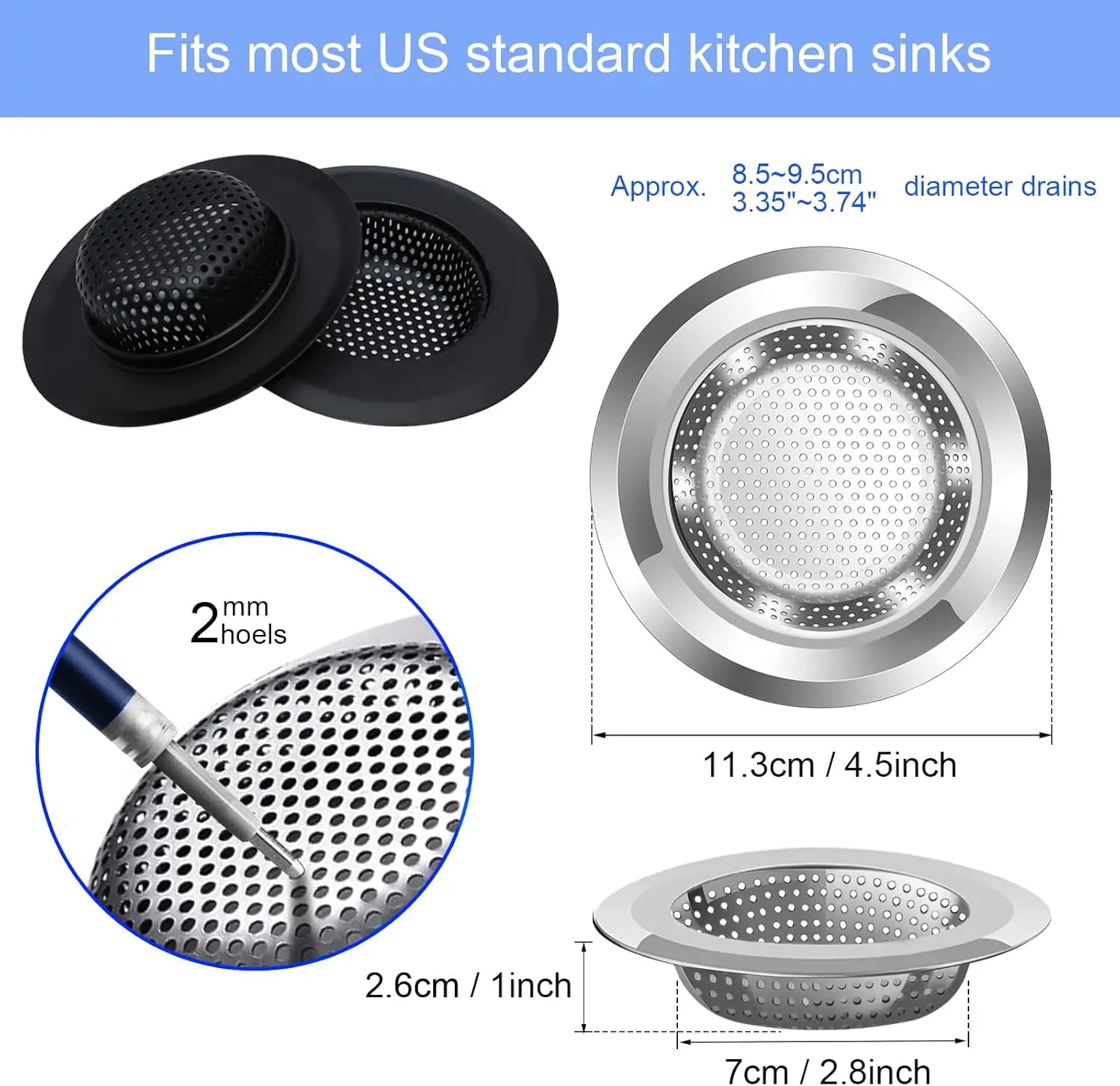 Colador de drenaje para fregadero de cocina, paquete de 4 coladores de fregadero de malla negra y acero inoxidable para cocina con borde ancho grande de 4,5 pulgadas de diámetro,