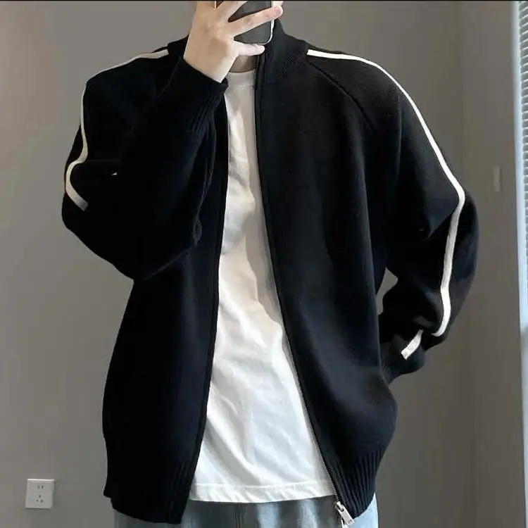 

Casual Knitted Open Cardigan Sweater Stand Collar Versatile Loose Fit Autumn Spring Polyester Fiber Zipper Closure Men's Wear