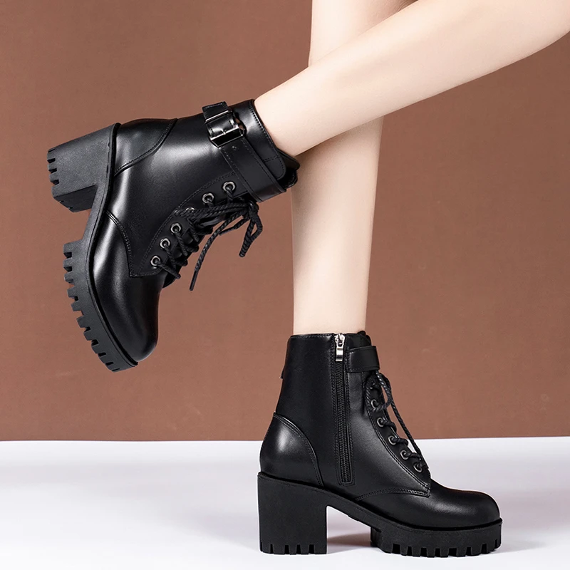 Thick Heel Ankle Boots for Women 2022 New Black Leather PU High Heels Shoes Woman Autumn Winter Platform Motorcycle Boots Women