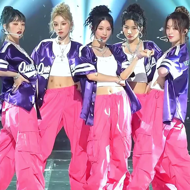 Female Singer Group Kpop Stage Outfit Women Jazz Dance Costumes Purple Shirt Hiphop Pants Adults Stage Performance Wear DWY9543