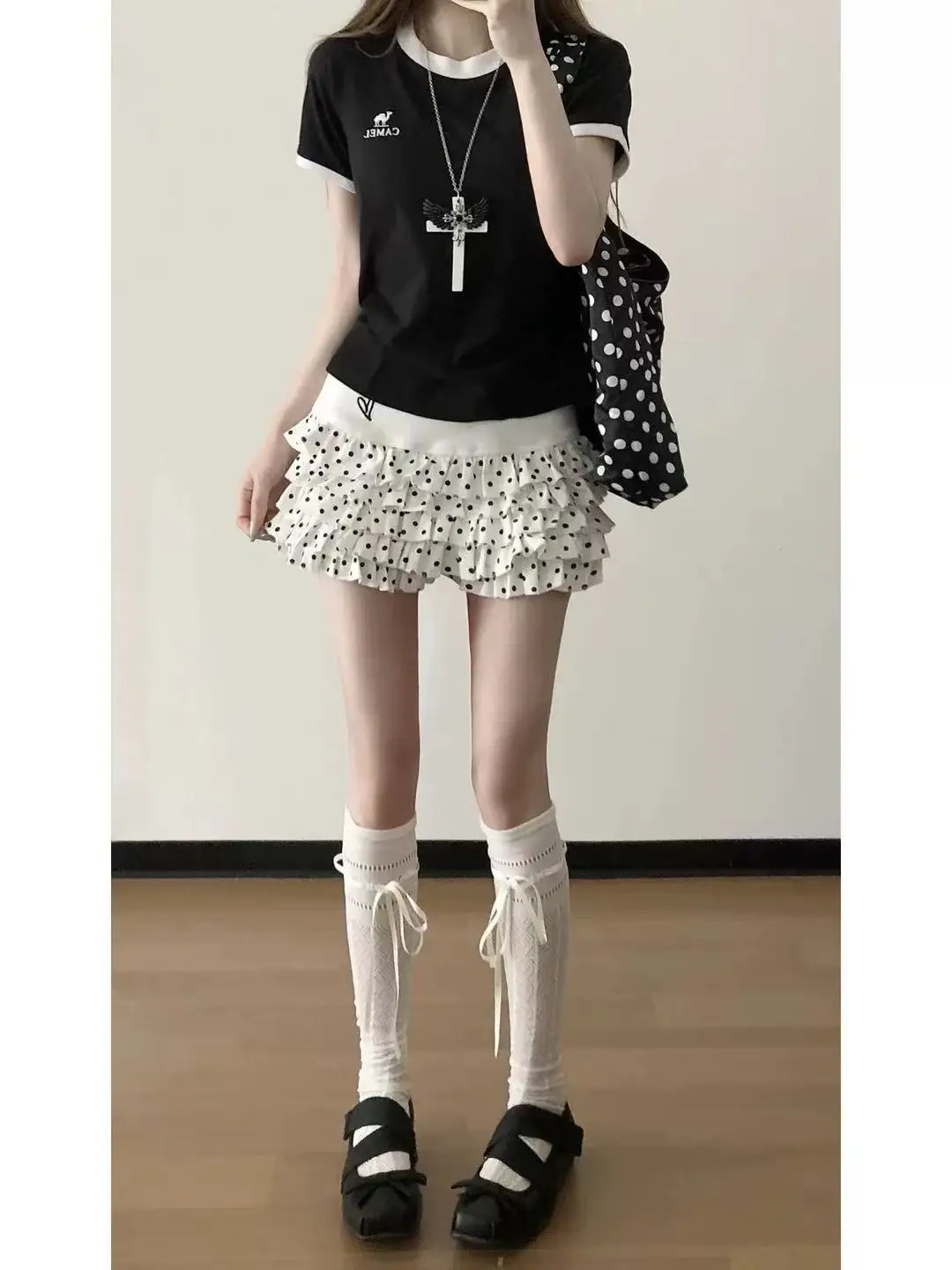 

Cute Sweet Style White Polka Dot Embroidery Half Skirt Women's Summer High Waist Puffy Skirt Cake Skirt Short Skirt