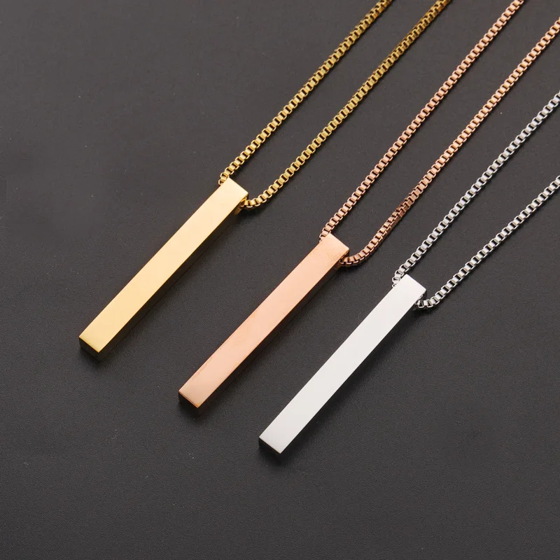 10Pcs 3D Strip Bar Pendant Necklaces Stainless Steel Bar Blank Box Chain Necklaces For Engrave  DIY Custom Name Logo