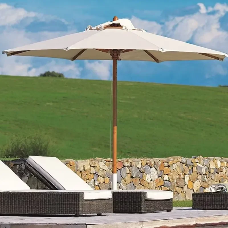 3 m Aluminum Outdoor Garden Sunshade Umbrella Wooden Parasol Foldable Courtyard Center Pole for Hotels Beach Outdoor