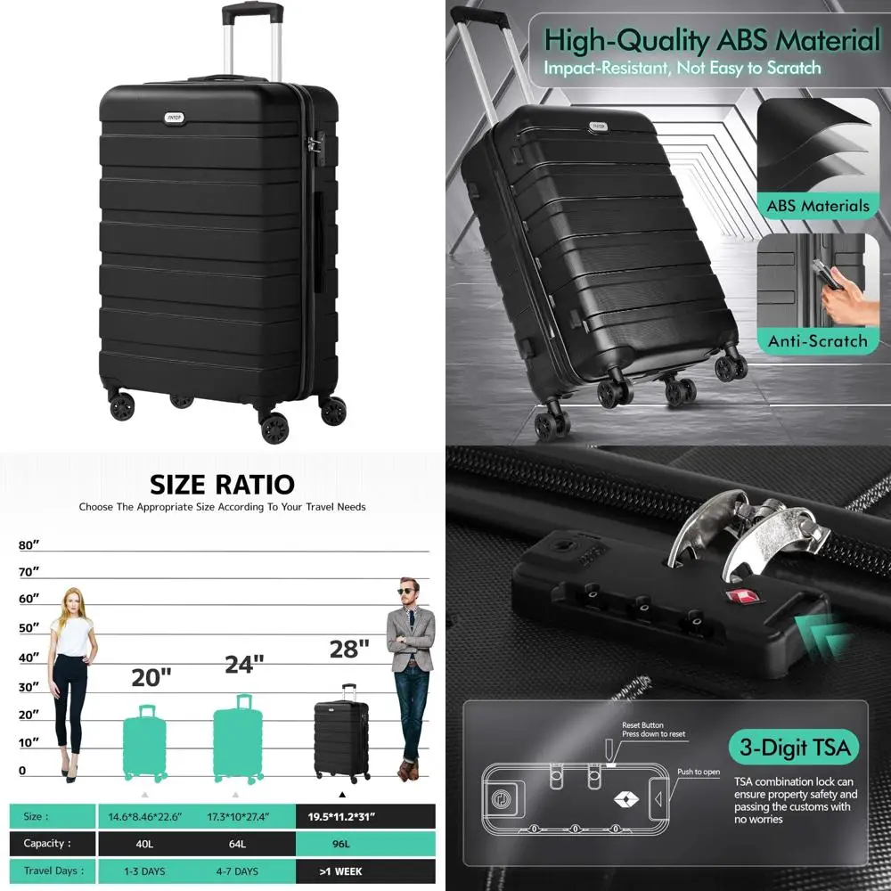 Leichter ABS-Hardside-Koffer mit 4 Universalrädern, TSA-Schloss, groß, 28 Zoll, schwarz für Reisen