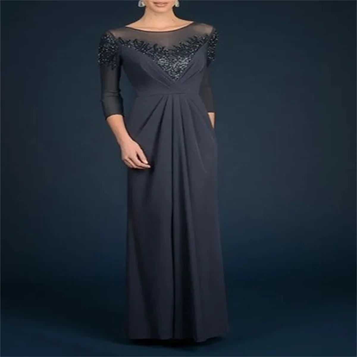 Mum Dress Elegant And Sparkling Jewel Neck Round Chiffon Lace Trim Sequins 3/4 Long Sleeve Applique Pleats 2023 Lace-Trimmed