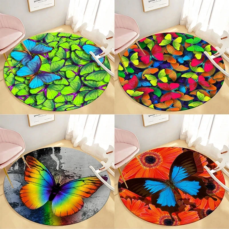 Watercolor Butterfly Art Round Carpet Beautiful Animal Girl Women Bedroom Door Mats Living Room Area Rug Home Non-slip Floor Mat