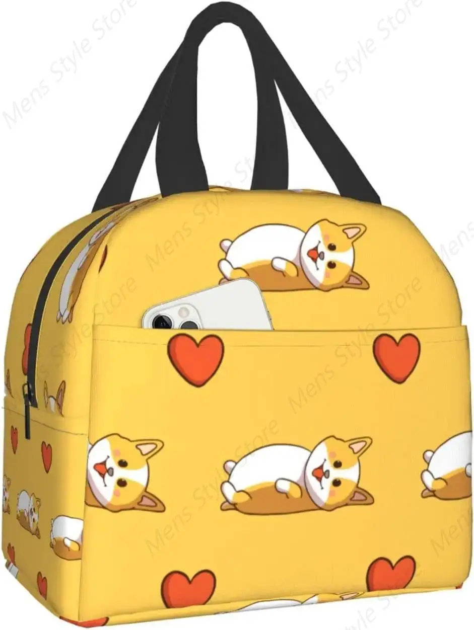 Cute Corgi Sleeping and Love Print Lunch Box, Kawaii Small Insulation Lunch Bag, Reusable Food Bag Containers Bags