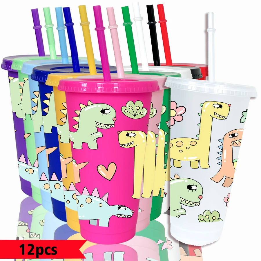 12pcs-set-dinosaur-flower-pattern-26oz-colored-plastic-party-cold-cup-back-to-school-birthday-gift-gameday-drinkware