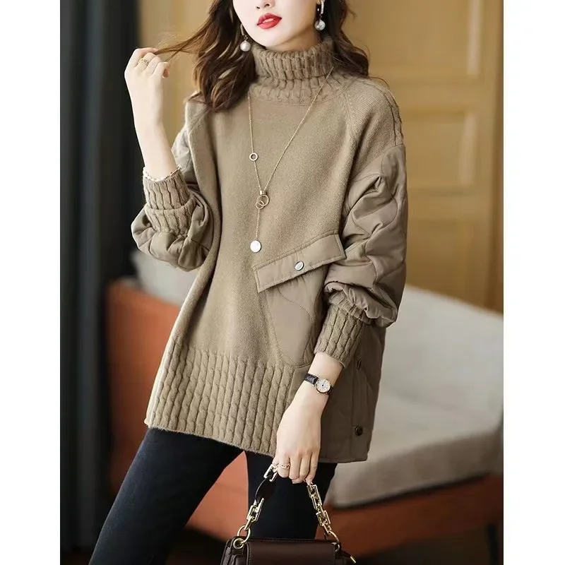 SuperAen Autumn and Winter New Turtleneck Quilted Coats Spliced Long-sleeved Sweater European and American Style Loose Sweaters