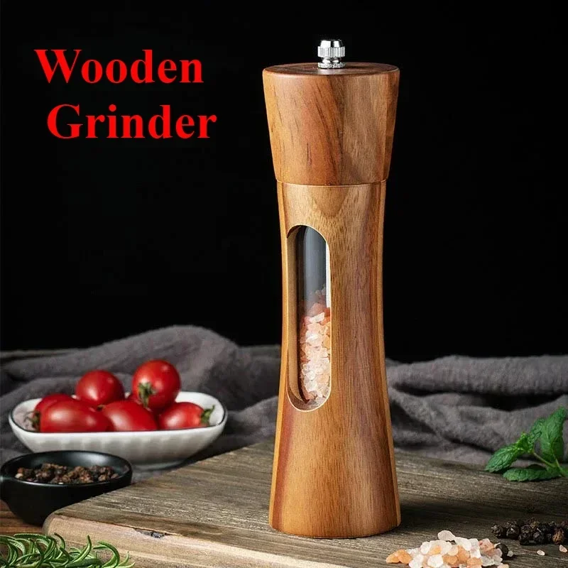 8Inch Pepper Grinder Set Acrylic Wooden Salt and Pepper Set Kitchen Pepper Mill Spice Shaker Adjustable Ceramic Grinder Mills