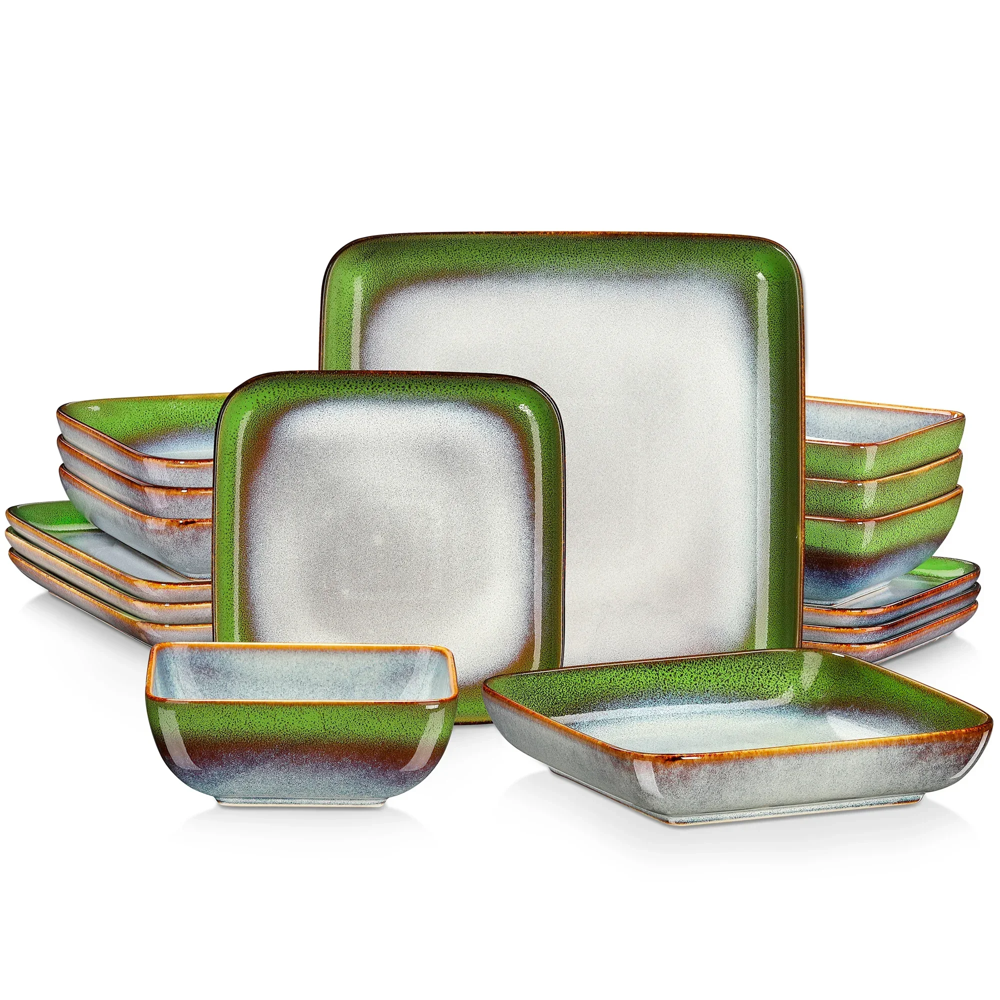 Vancasso Stern Dinner Set Green Square Kiln Change Glaze Tableware Dinnerware Ceramic Crockery Set for 4 Person Kitchen