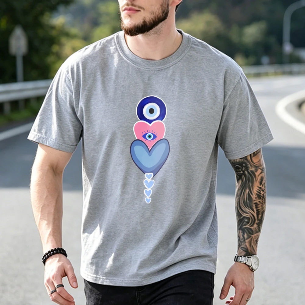 Cute Evil Eye Heart Stack Graphic Tee Blue Pink Protection Symbol Love Women Shirt Fashion Cotton Short-sleeve Tee
