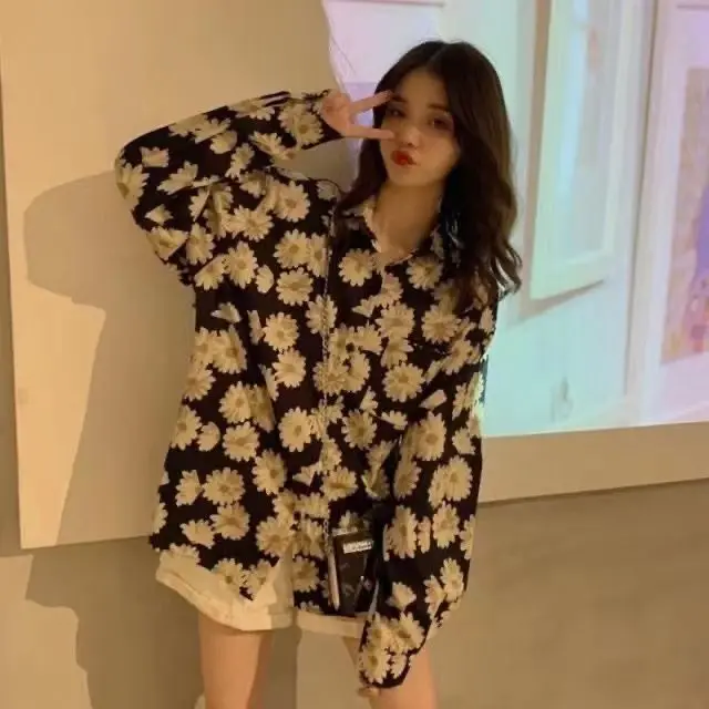 Daisy Print Women\'s 2023 Shirt Spring and Autumn New Korean Cardigan Version Retro Loose Slimming Long Sleeves All-match Blouses