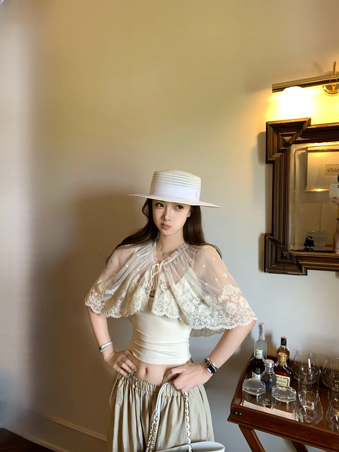 

Bankelili Chestnut Lace Dreamy Shawl Crop Top Set Women Summer Slim Fit Breathable Cotton Casual Style Fashionable
