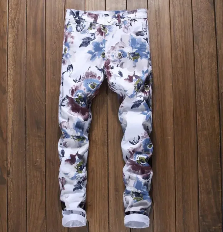 

3D Floral Pattern printing Men's Jeans Stretch Skinny Flower Painted Denim Pants Slim Trousers Size 29-38 #5009