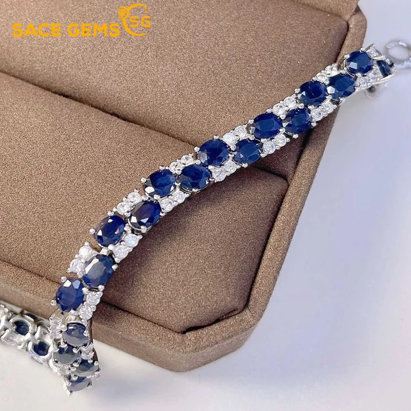 

SACE GEMS Luxury 925 Sterling Silver 4*5MM Natural Sapphire Gemstone Bracelrts for Women Engagement Cocktail Party Fine Jewelry