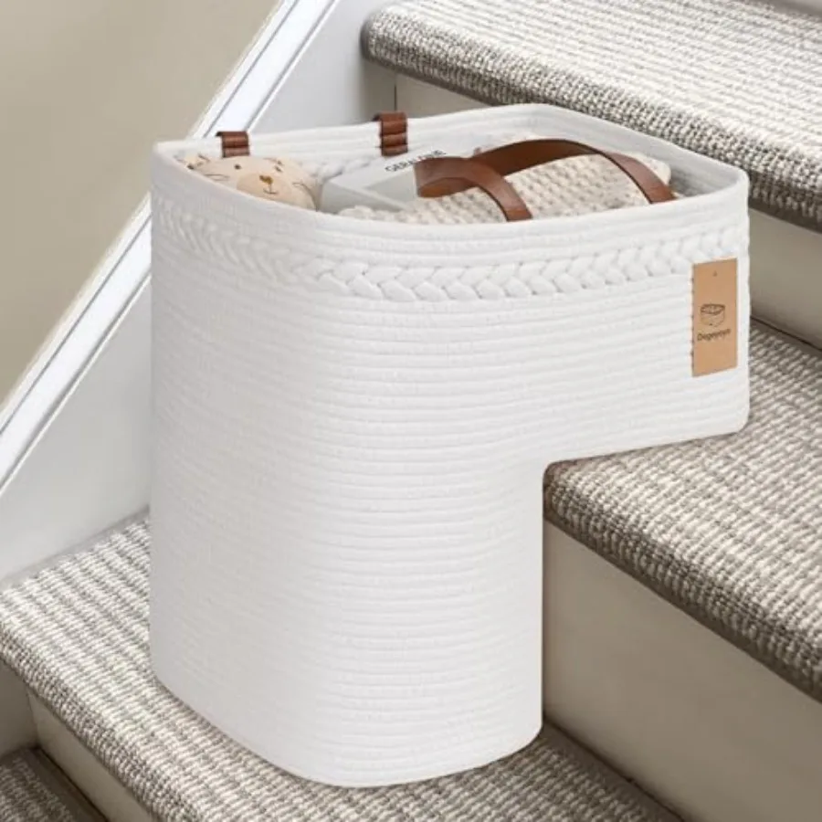 

Woven Stair Basket, Stair Baskets for Wooden Stairs, Carpeted Stairs Storage Basket with Handles, Staircase Baskets for Toys, B