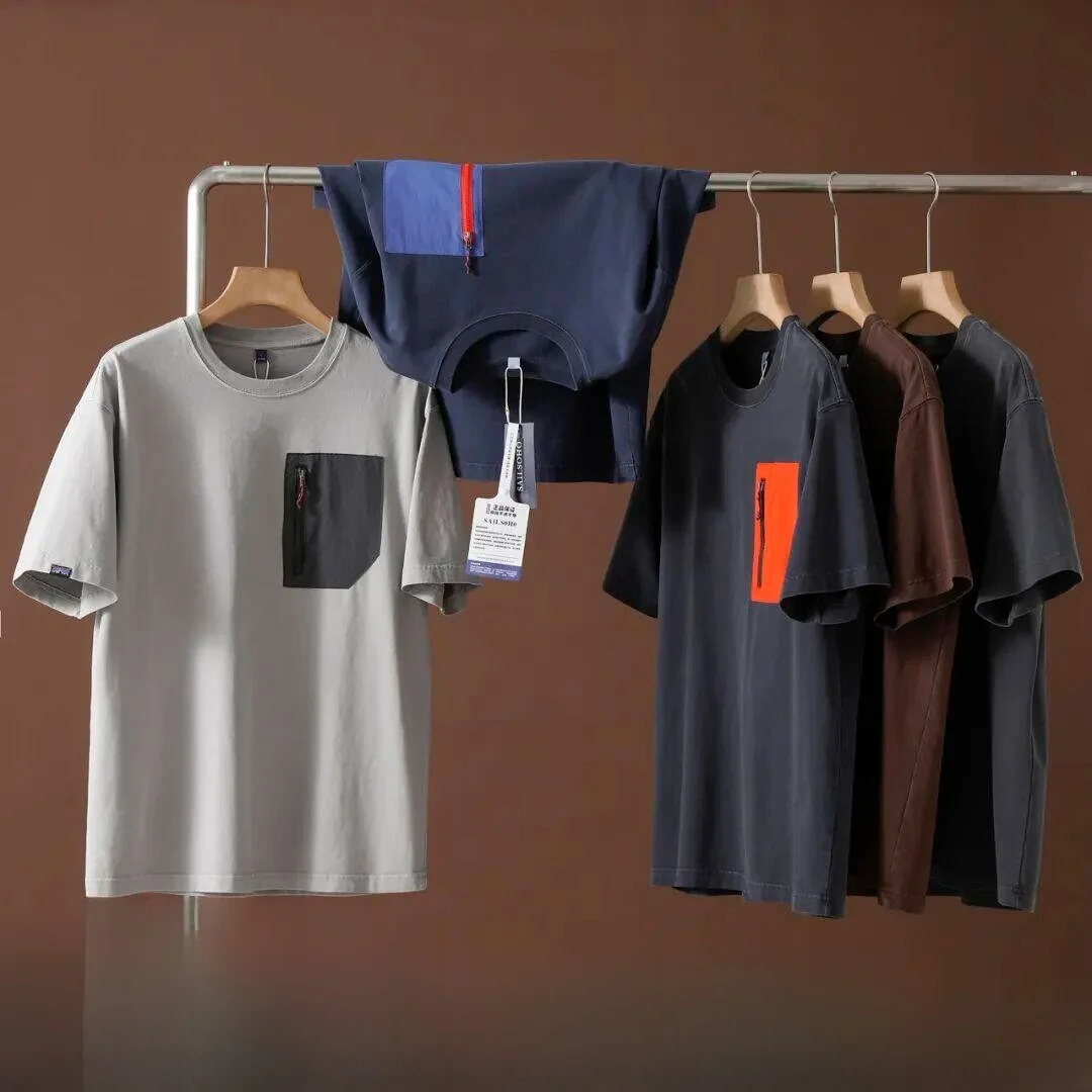 

Color Block Pocket 3D Cut Loose Fit Outdoor Sports Short Sleeve T-Shirt for Men And Women Casual round Neck Polyester Fiber