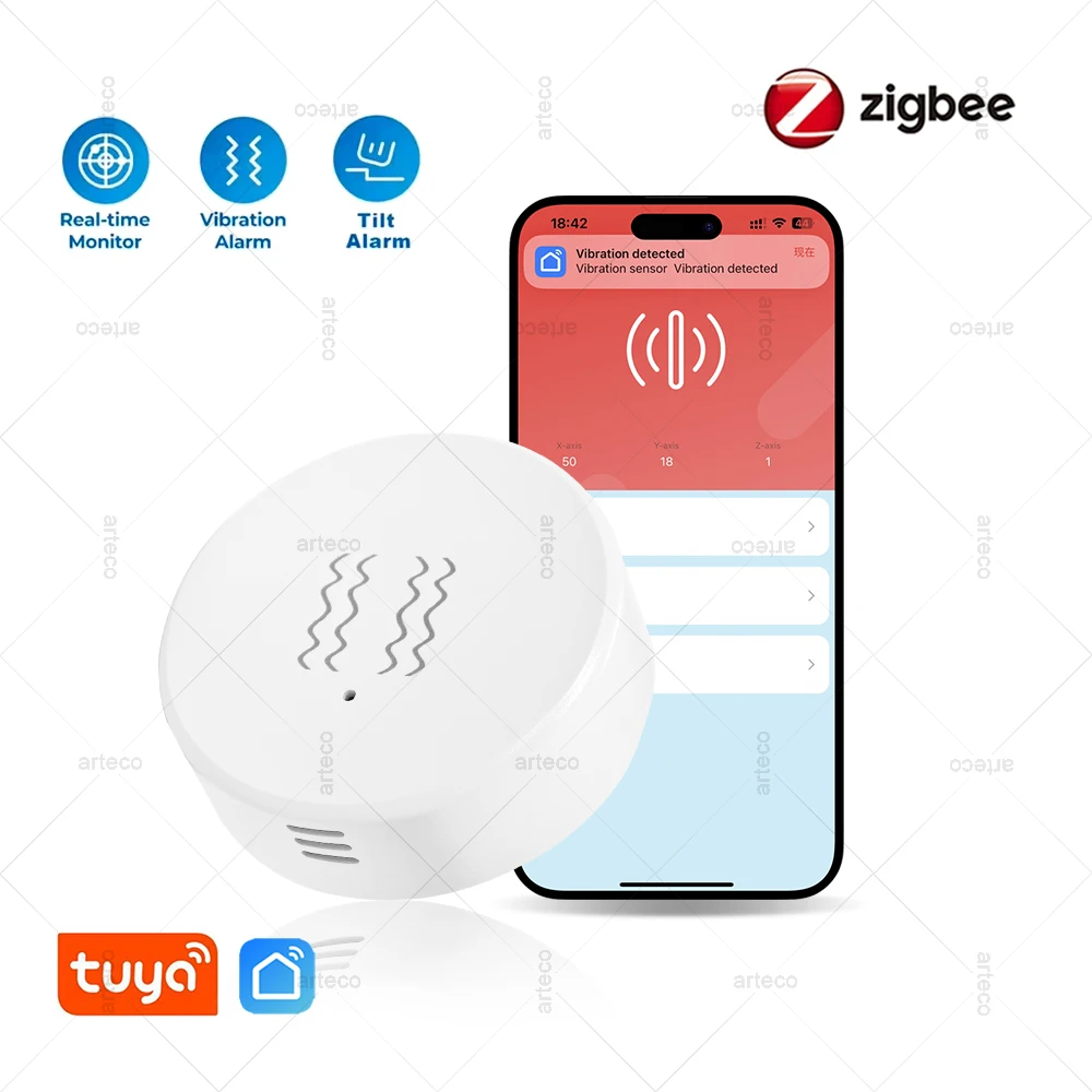 Tuya Zigbee Sensor de vibración inteligente, Sensor de inclinación de choque de movimiento, detección, monitoreo remoto, alarma, sistema de protección de seguridad para el hogar