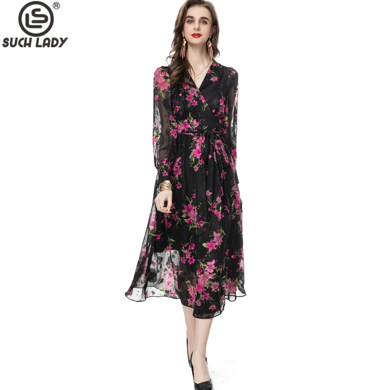 

Women's Runway Dresses V Neck Long Sleeves Floral Printed A Line High Street Mid Vestidos