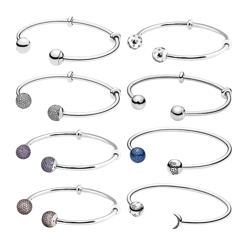 

Rigid Wrist Cuff Bracelets Bangles For Women Jewelry Silver 925 Original Zircon Stones LOGO Droplet Ball Earth Moon Star End Cap