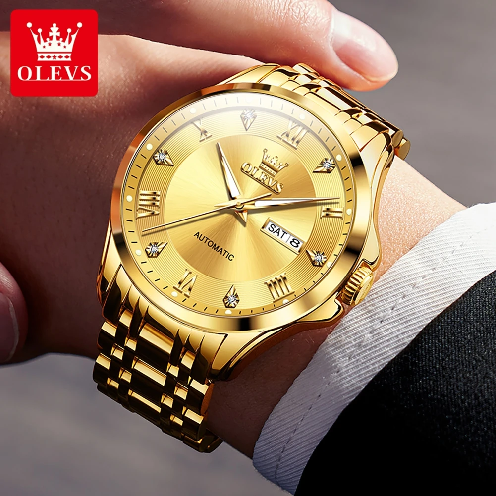 OLEVS 6702 남성용 시계 럭셔리 오리지널 브랜드 스테인리스 스틸 자동 기계식 시계 주간 날짜 표시 남성용 시계 박스 선물 포함