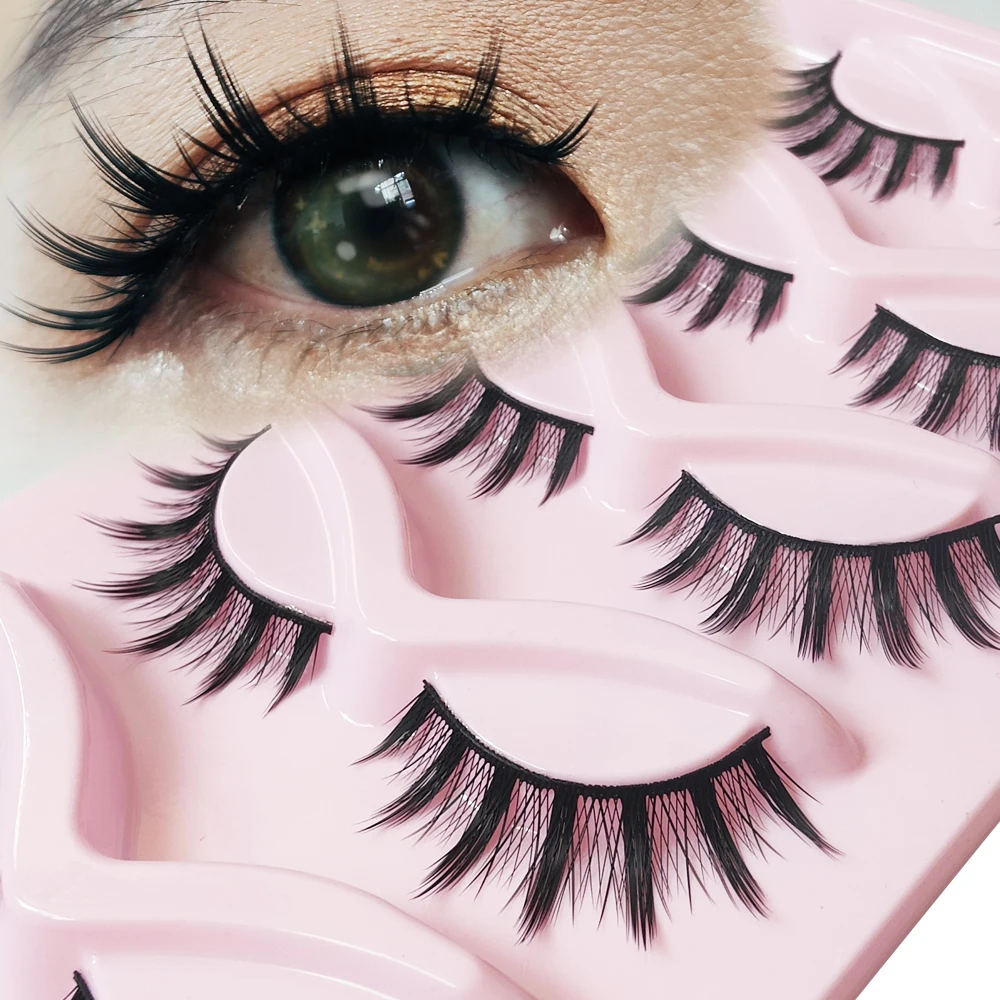 5 Paar Make-up-falsche Wimpern, schwarzes hartes Band, flauschige Wimpern, lang, dick, handgefertigt, Kosmetik, natürliche Wimpern, kleiner Teufel