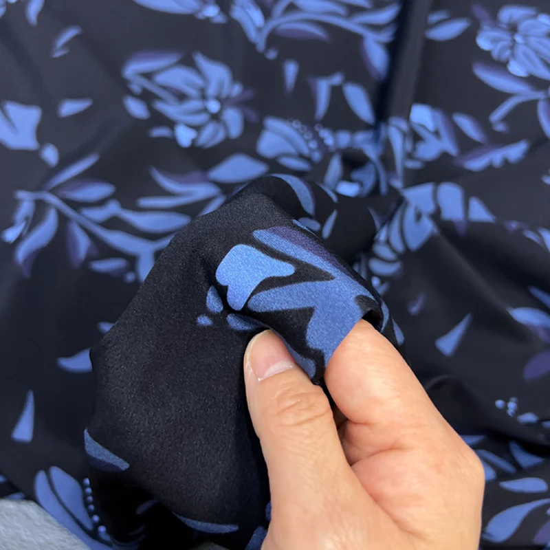 140CM Wide 18MM Silk Crepe de Chine Fabric Stretch-Blue Floral on Black Printed Design for Summer Pants Dress Thin FabricD1574