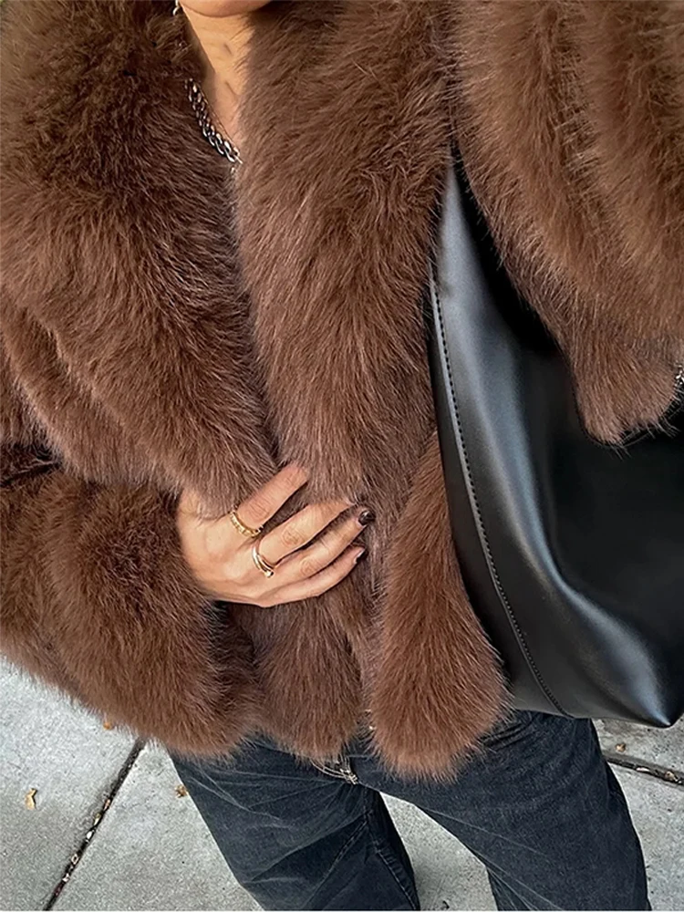 Women Brown Short Faux Fur Coat Fashion Lapel Long Sleeve Fluffy Loose Cropped Jacket Female Winter Daily Warm Street Outerwear