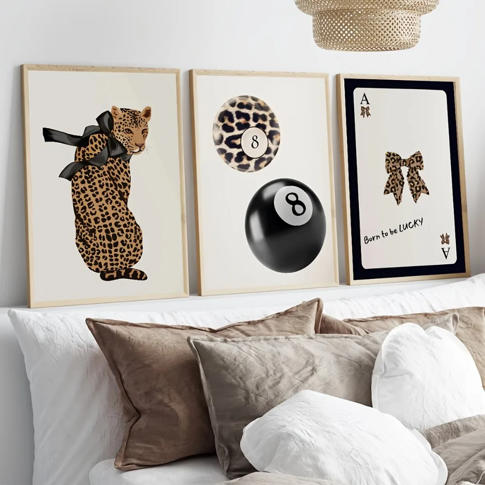 3pcs Frameless Modern Gorgeous Canvas Wall,Leopard and Bow Tie Playing Card Printing,Indoor Poster Living Room and Bedroom Decor