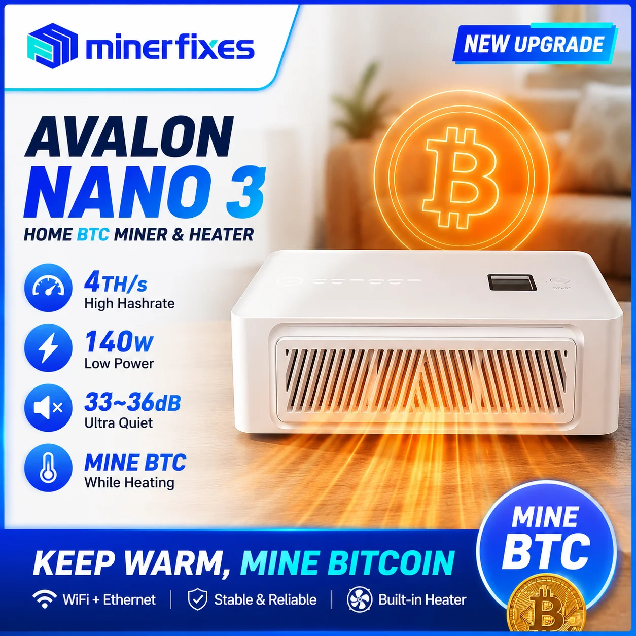 

Avalon Nano 3 BTC Miner 4TH/s Low Power 140W Quiet 33dB Bitcoin Mining Heater WiFi Ethernet Home Machine Portable Crypto Machine