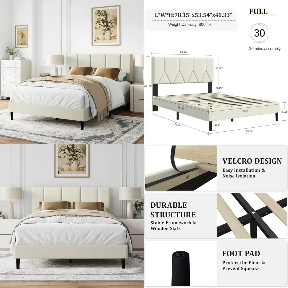 إطار سرير بمنصة رأس مخملية فاخرة مع دعم مرتبة منجد بالكامل