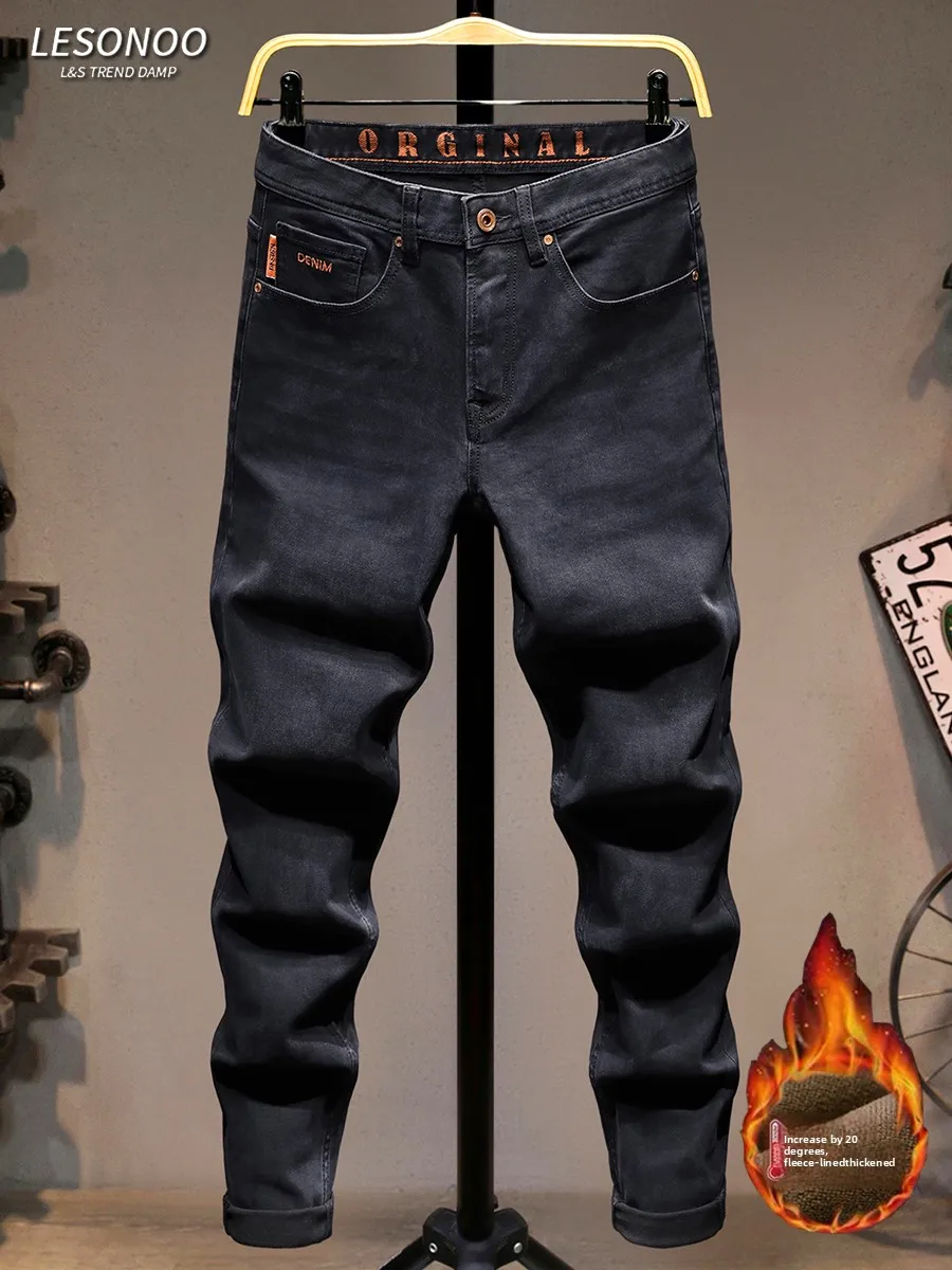 

Мужские зимние утепленные джинсы на флисовой подкладке, повседневные джинсовые брюки из эластичного хлопка с вышивкой, облегающие длинные брюки, модные брендовые