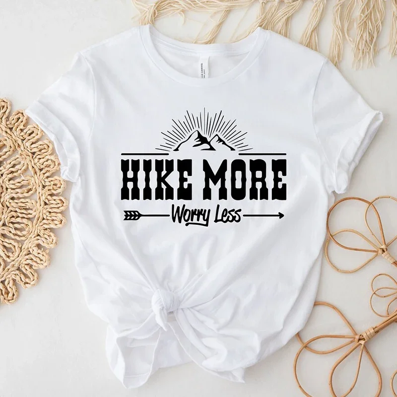 Women T Shirt Hike More Worry Less Cotton O Neck Mountains Female Church Graphic Tee Fashion Clothes Christian Top