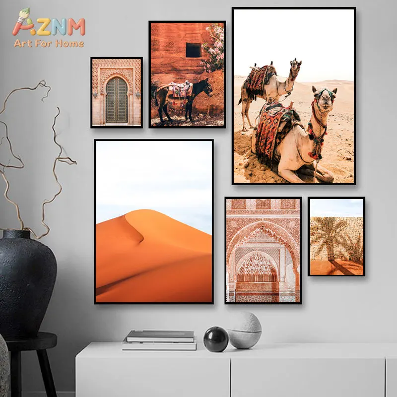 AZNM Moroccan Desert Canvas Wall Art Sahara Dunes Camel Vintage Arch Door Photograph Print Boho Travel Living Room Decor Unframe