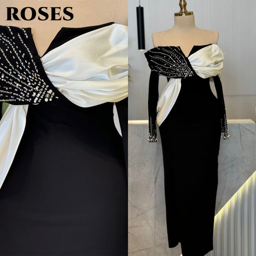 

ROSES Black Party Dress Chic Off the Shoulder Formal Dresses with White Satin Pleated and Rhinestone-Trimmed Detail Customized