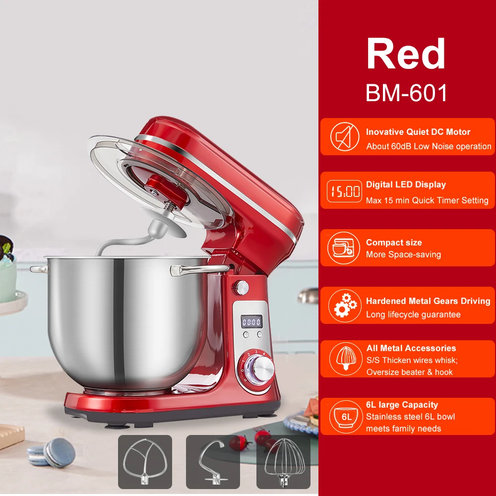 BioloMix 6-speed keukenvoedsel mixer 1200W DC stille motor 6L roestvrijstalen kom met crème eiergarde zweep deegkneder - afbeelding 1