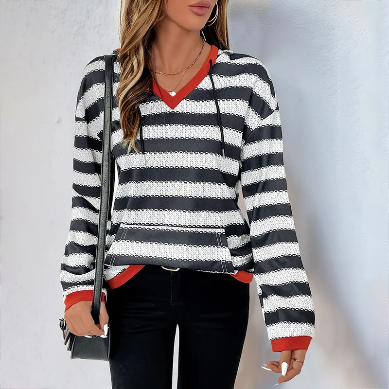 Women Striped Print Hooded Sweatshirt Female Color Blocking V-Neck Casual Shirt With Pockets Ladies Lace Up Pullover Tops