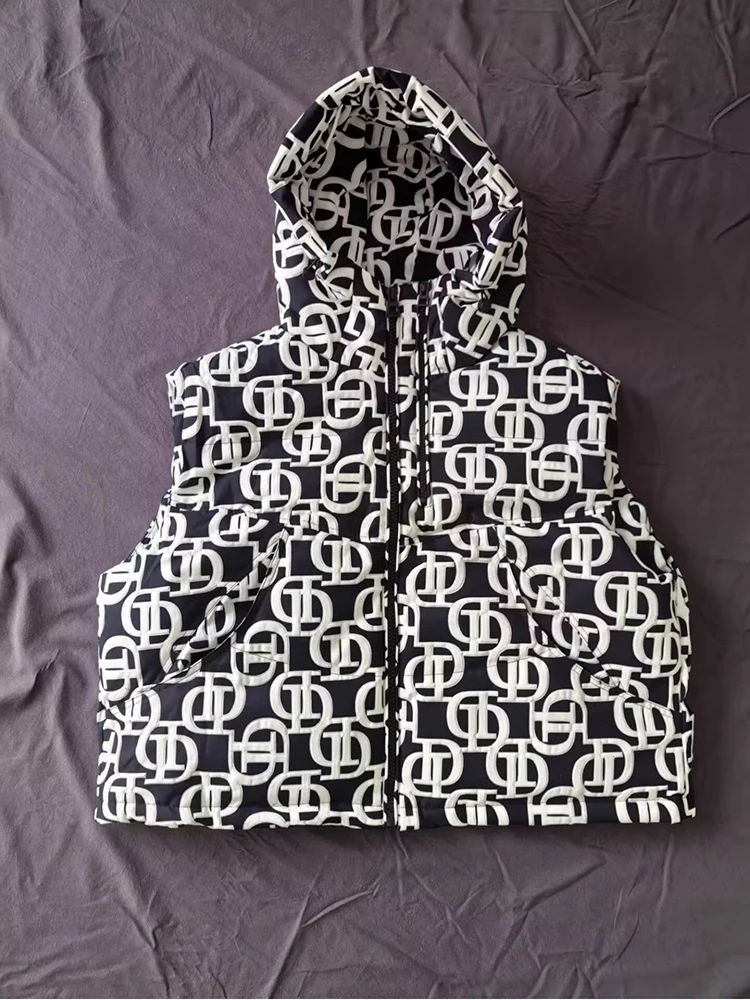 

Autumn Winter Hooded Letters Printed Down Vest Women White Duck Down Sleeveless Casual Vests Female Warm Zipper Loose Waistcoats