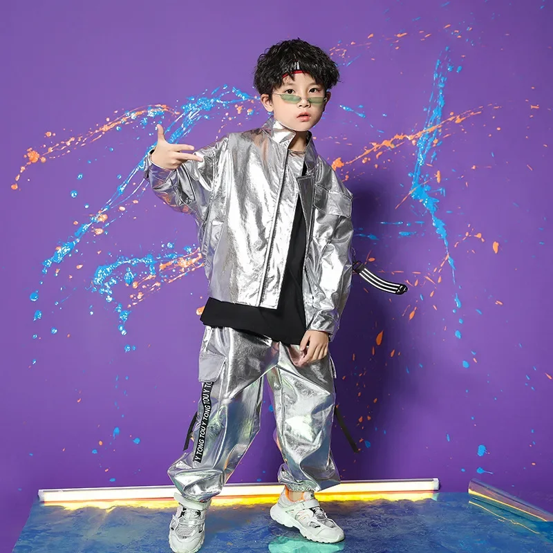 Sequins Dance Costume Wear Ballroom Clothes Wear Kids Concert Hip Hop Clothing Outfits Loose Jacket Tops Pants for Girls Boys