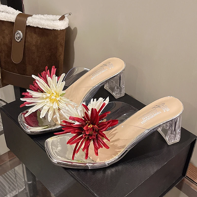 

Flower Women's Sandals Pvc High Heels Shoes Summer Chunky 2026 Elegant Dress Shoes Casual Comfort Flip Flops Zapatos