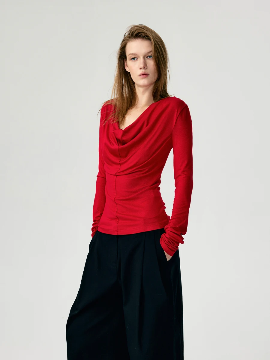 

Красный вязаный шерстяной облегающий топ с приталенным эластичным нейлоном, повседневная женская футболка, дышащая, удобная, длинная све